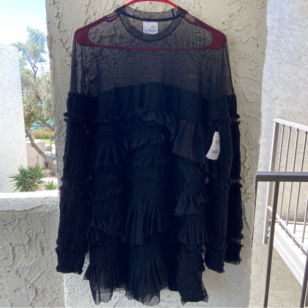 Lea Peckre Black Sheer Mesh Ruffle Tunic Mini Dress Avant Garde women’s medium